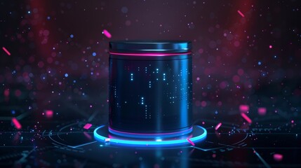 Poster - futuristic cylinder showcasing glowing data points on its surface, resting on a neon lit platform, s