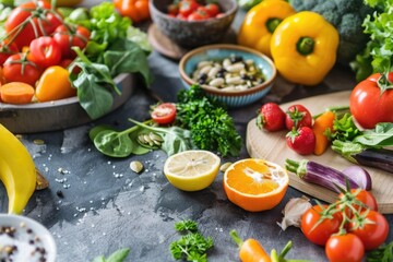 Wall Mural - A colorful arrangement of fresh fruits and vegetables on a table