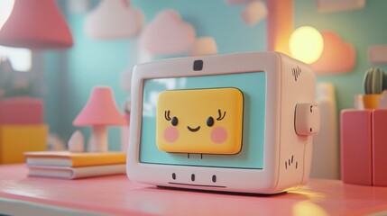Poster - A cute cartoon computer with a smiling face on a pink table with a  yellow lamp, books, and other cute objects in the background.