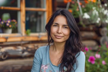 Poster - A woman sits outdoors in front of a cozy log cabin, surrounded by nature