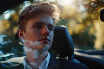 Poster - A person wearing formal attire sits inside an automobile, ready for departure