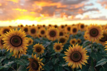 Poster - A picturesque scene of a field of sunflowers with a beautiful sunset in the background