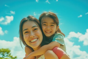 Poster - Woman cradling a young girl in her arms, a moment of tenderness and love
