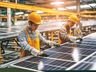 Poster - Two Skilled Workers Inspecting Solar Panels in a Modern Manufacturing Facility, Representing Renewable Energy Solutions and Sustainable Practices in the Industry