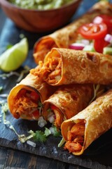 Poster - Freshly prepared tacos served on a clean cutting board, ready for serving or styling