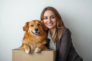 Poster - A woman sits on top of a cardboard box, accompanied by her loyal dog