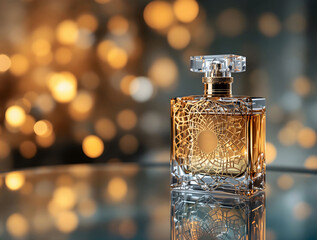 Poster - Luxury perfume bottle with an intricate design, placed on a reflective glass surface, with soft golden lighting and bokeh effects in the background