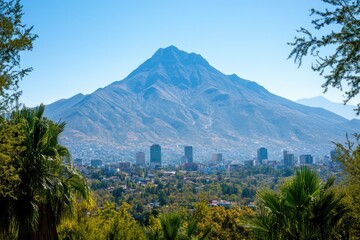 Poster - Urban landscape with a majestic mountain in the distance, suitable for use in travel or architecture related projects