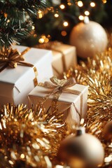 Poster - A beautifully decorated gift box resting on a pile of shimmering gold tinsel, perfect for special occasions or festive decor