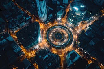 Poster - Aerial view of a city's skyline at night, suitable for use in urban planning or architectural projects