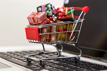 Poster - A shopping cart filled with gifts sits on top of a laptop, great for e-commerce or online shopping illustrations
