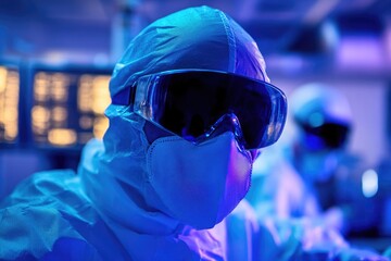 Poster - A person wearing a protective mask and goggles in a room, ideal for use as a medical or scientific concept illustration