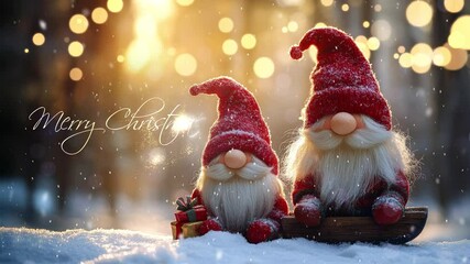 Wall Mural - Two Santa Clauses on small wooden sleighs with gifts. Merry Christmas. Christmas greeting card with Santa Claus. Festive decoration. Cute funny gnomes, decorated for Christmas.