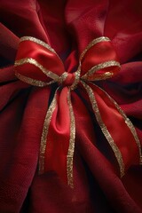Poster - A detailed view of a vibrant red and gold ribbon, ideal for decorating special occasions or adding a touch of elegance to any setting