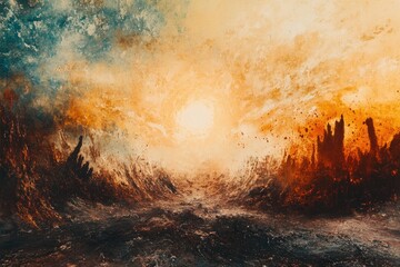 Poster - A serene image of a sunset viewed from a body of water, ideal for use in travel or nature-inspired designs