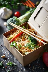 Poster - A container filled with noodles served with traditional Asian-style eating utensils, perfect for depicting mealtime or cultural heritage