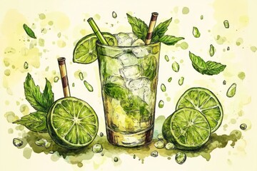 Poster - Freshly mixed cocktail with lime wedges and sprigs of mint