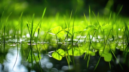 Poster - A close-up shot of blades of grass and water, perfect for use in nature-inspired designs or as a texture