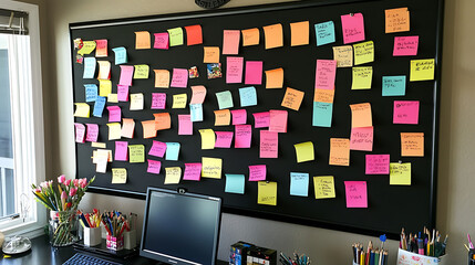 Fototapete - A cork board covered in colorful post it notes, great for organizing ideas and reminders