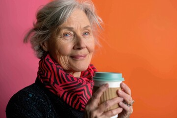 Poster - A senior woman holds a cup of coffee, taking a moment to relax