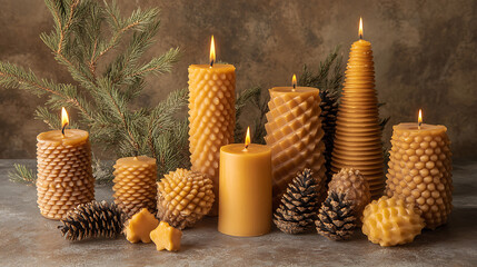 Poster - A collection of burning beeswax candles, including large pillars and pinecone shapes, ideal for holiday and winter gifts