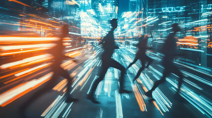 Poster - A conceptual image illustrating business agility with dynamic figures or symbols representing adaptability, speed, and innovation in a corporate setting