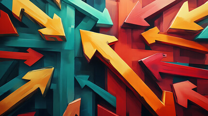 Aufkleber - A dynamic and colorful illustration of multiple arrows pointing in various directions, symbolizing strategic choices, decision-making processes, and diverse options in a conceptual and stylized manner