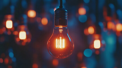 Poster - A single illuminated light bulb glowing brightly amongst a group of dim or unlit bulbs, symbolizing a unique, innovative idea outshining the conventional or outdated thoughts