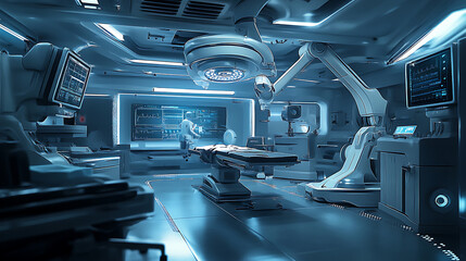 Aufkleber - A surgical room equipped with advanced robotic technology, including a surgical robot arm, portrayed in a futuristic operation room setting