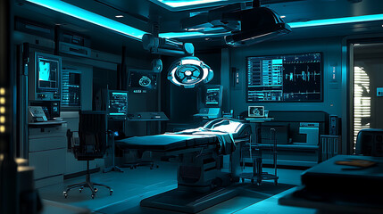 Aufkleber - A surgical room equipped with advanced robotic technology, including a surgical robot arm, portrayed in a futuristic operation room setting