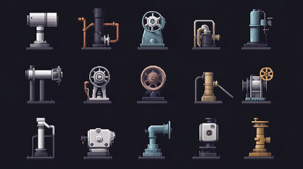 Aufkleber - Icon set of various types of water pumps, including centrifugal, rotary, submersible, and well pumps