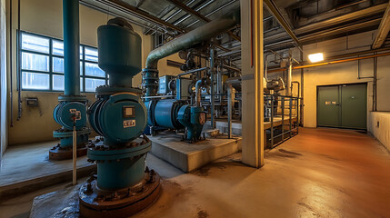 Poster - Pump station designed for reverse osmosis in industrial city water treatment, shown from a wide angle