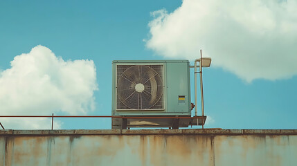 Poster - Rooftop installation of an AC unit or compressor at an industrial plant, framed against the sky, Central air conditioning or HVAC system, and includes both a pump and a fan