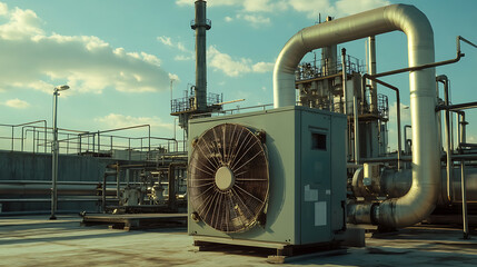 Poster - Rooftop installation of an AC unit or compressor at an industrial plant, framed against the sky, Central air conditioning or HVAC system, and includes both a pump and a fan