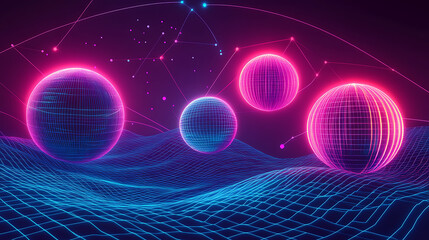 Leinwandbilder - Abstract, neon-lit 3D mesh objects and shapes set against a wireframe wavy geometric background, reminiscent of 1980s cyberpunk