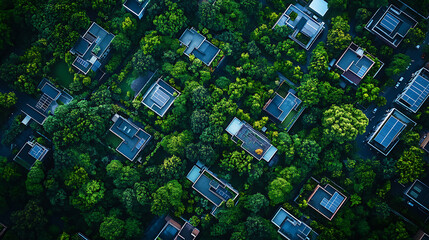Poster - Aerial view of a sustainable green cityscape showcasing lush urban jungle areas, parks, and gardens interspersed among residential houses, promoting eco-friendly living and biodiversity