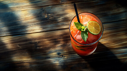 Poster - Watermelon lemonade with lime and mint, wood background