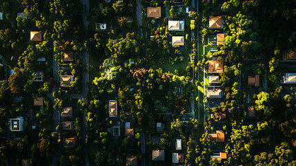 Poster - Aerial view of a sustainable green cityscape showcasing lush urban jungle areas, parks, and gardens interspersed among residential houses, promoting eco-friendly living and biodiversity