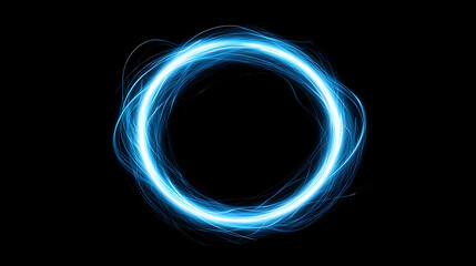 Poster - Abstract blue neon background with a glowing circular frame, portal or vortex and light effect on a black backdrop
