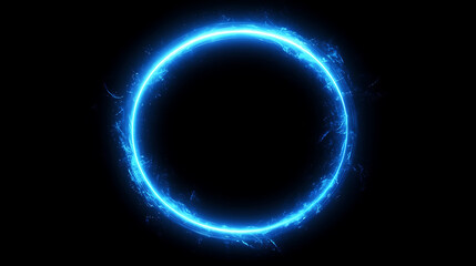 Poster - Abstract blue neon background with a glowing circular frame, portal or vortex and light effect on a black backdrop