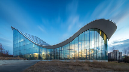 Poster - Beautiful curved glass building with blue sky, daylight, long exposure, city background
