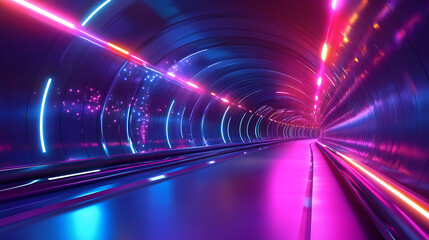 Leinwandbilder - Futuristic 3d neon tunnel with glowing lines and floating particles abstract technology background illustration