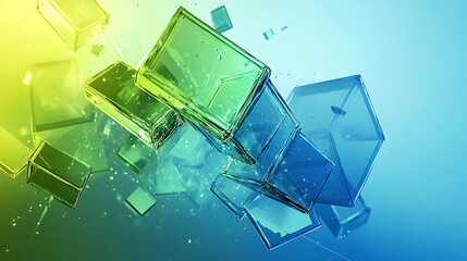 Poster - Futuristic blue and green 3d abstract technology background geometric shapes and glowing lines digital innovation and progress concept 3d illustration