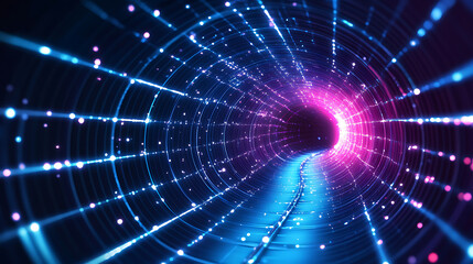 Poster - Futuristic 3d neon tunnel with glowing lines and floating particles abstract technology background illustration