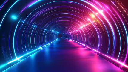 Fototapete - Futuristic 3d neon tunnel with glowing lines and floating particles abstract technology background illustration