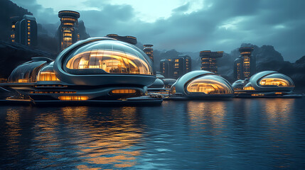 Aufkleber - Futuristic underwater city with glowing domes and sleek architecture digital illustration