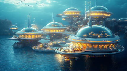 Aufkleber - Futuristic underwater city with glowing domes and sleek architecture digital illustration