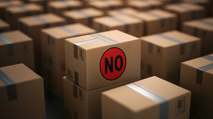 Poster - Cardboard boxes and a red NO symbol depicting trade restrictions and embargoes