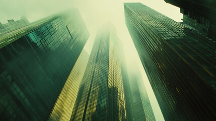 Aufkleber - Close up of three modern glass skyscrapers in downtown Manhattan, with a soft green and gold color scheme