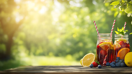 Poster - Jars of fruit and striped straws on an old wooden table outdoors in the sun, Pimade water drinks of lemon juice, blueberry, orange, cherry, strawberry, mint or ice tea on green background